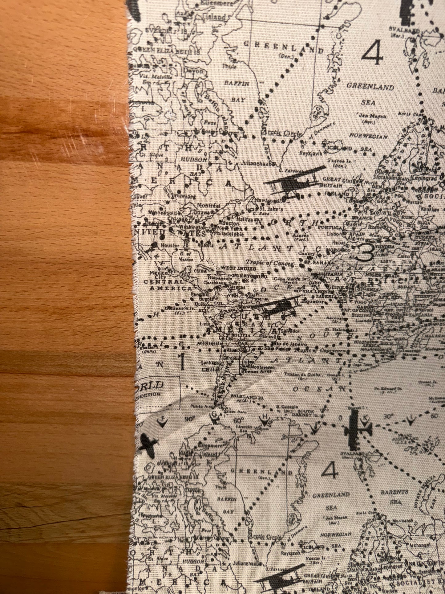 Vintage World Map Canvas Fabric – Airplanes & Compass Print – Approx. 50" Wide Cotton Canvas by the Yard