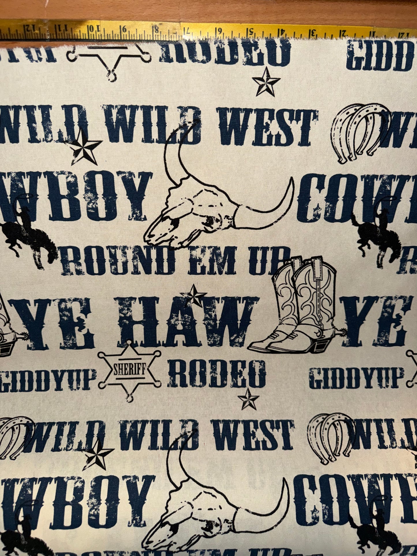 Western Cowboy Cotton Canvas Fabric 60"+ Wide – Wild West Rodeo Boots & Longhorn Print – Heavyweight Upholstery ~ Blue