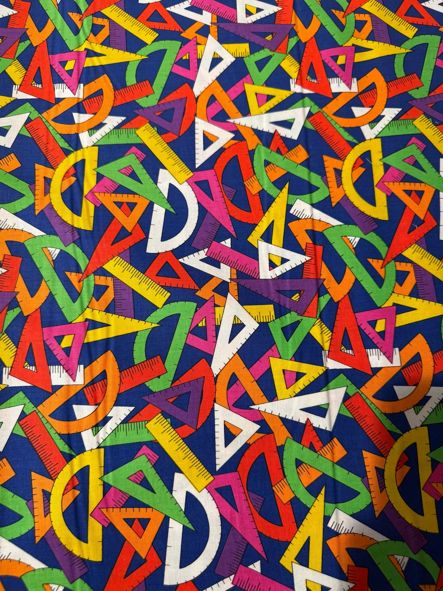 Blank Quilting "Geometry Tools" Quilt Cotton Fabric – 44/45" Wide – Colorful Rulers & Protractors on Blue
