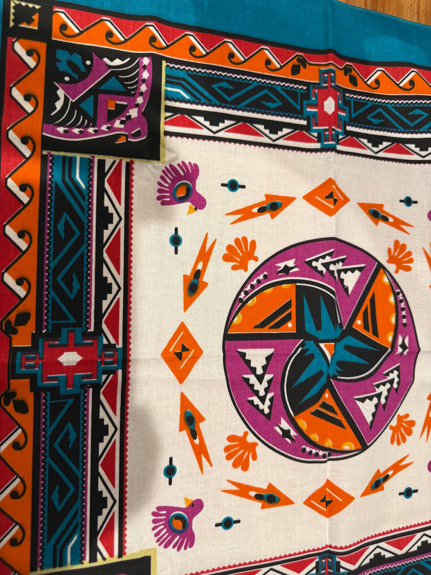 Vintage Southwestern Bird Bandanna – Turquoise, Orange & Purple – 21" Square – USA Made