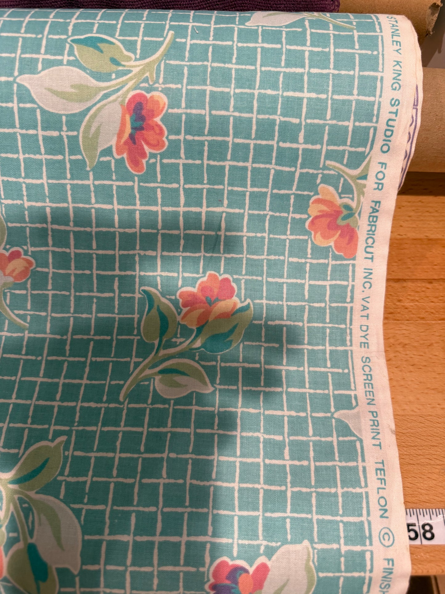 Vintage Stanley King Studio Floral Apparel Cotton Fabric – Aqua Lattice Print – 54+ Inches Wide