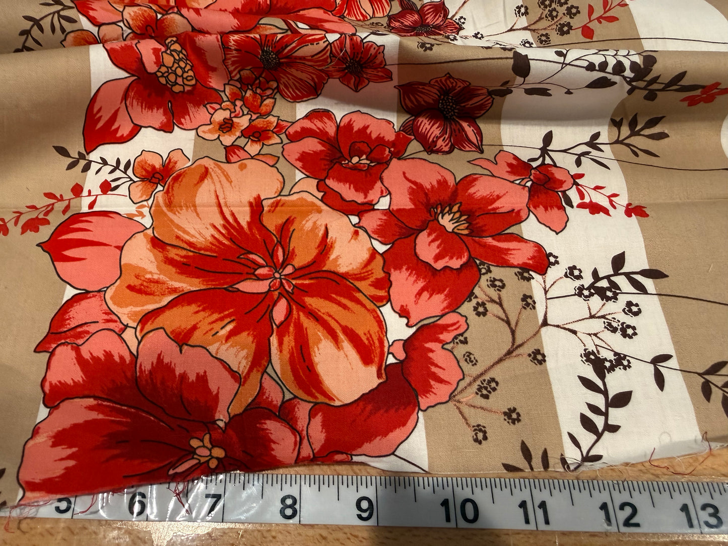Floral Stripe Cotton Fabric – 54+ Inches Wide – Red, Coral & Taupe Botanical Print
