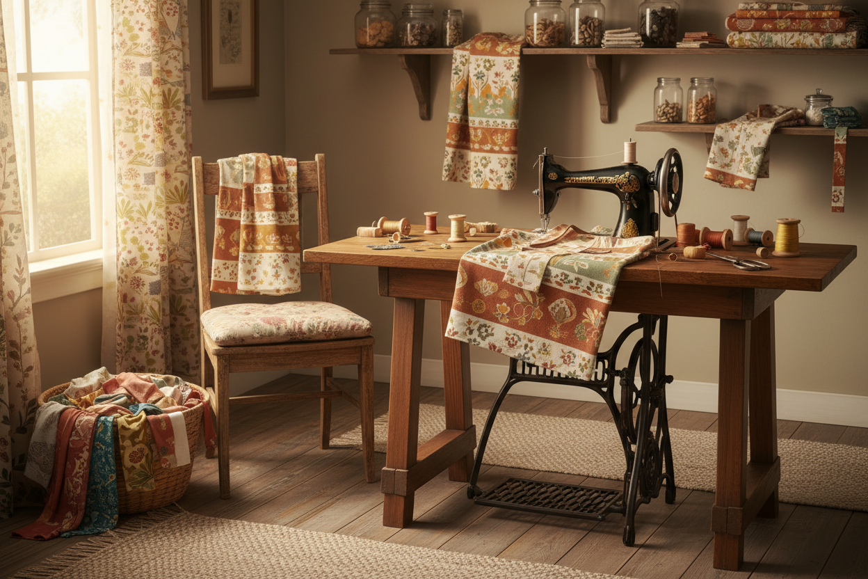 Cotton canvas fabrics and sewing supplies in a vintage sewing room