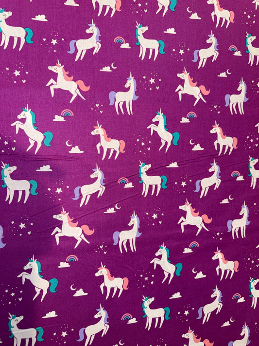 Purple Unicorn Quilting Cotton Fabric – Rainbows, Stars & Clouds – 44/45" Wide | Emma & Mila