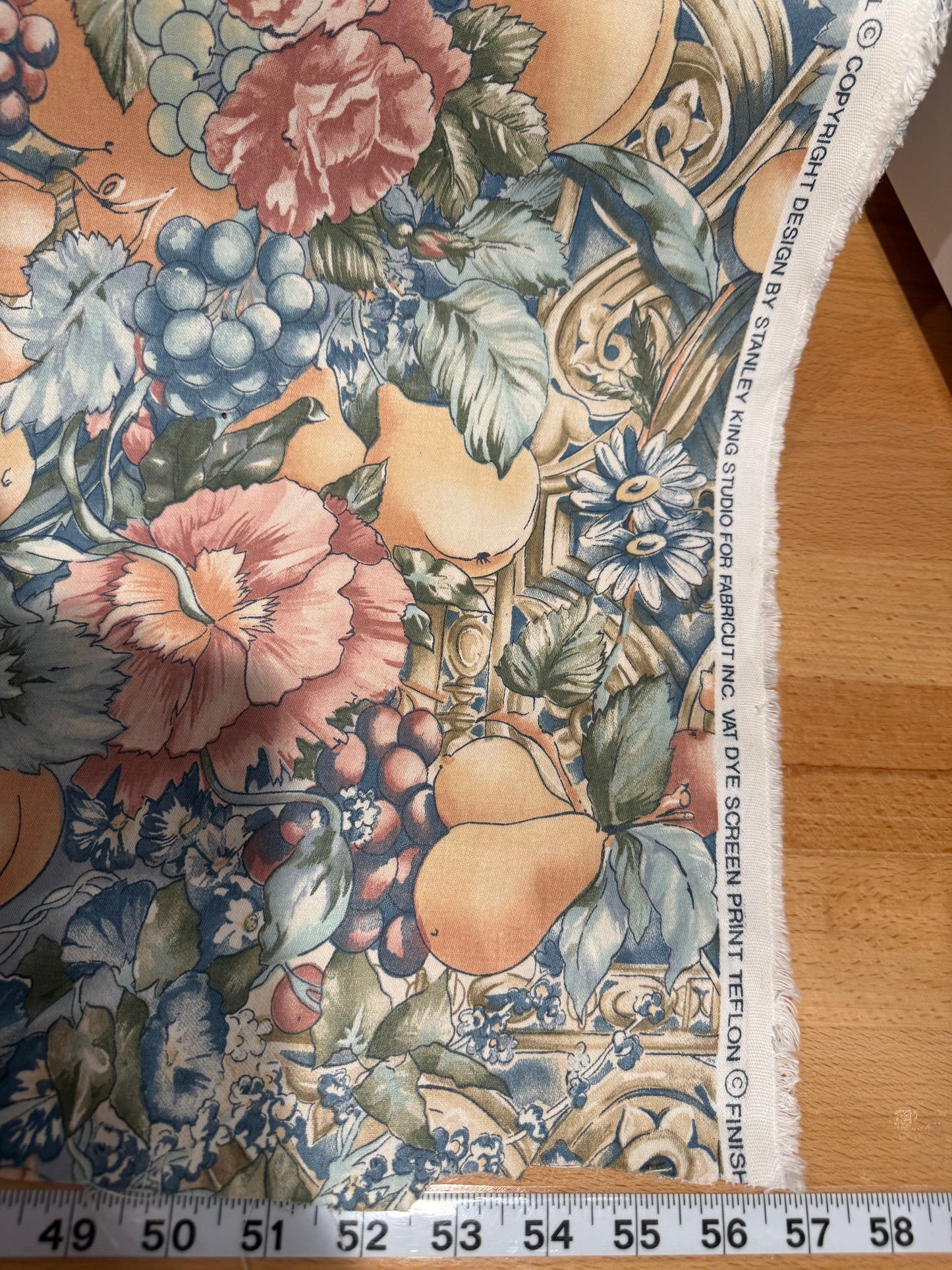 Vintage Fruit & Floral Cotton Fabric – Blue Grapes, Peaches & Roses | 56+ Inches Wide