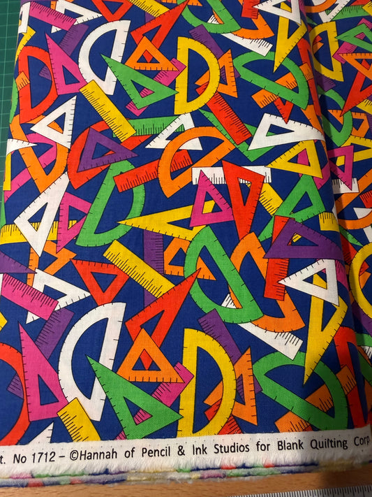 Blank Quilting "Geometry Tools" Quilt Cotton Fabric – 44/45" Wide – Colorful Rulers & Protractors on Blue