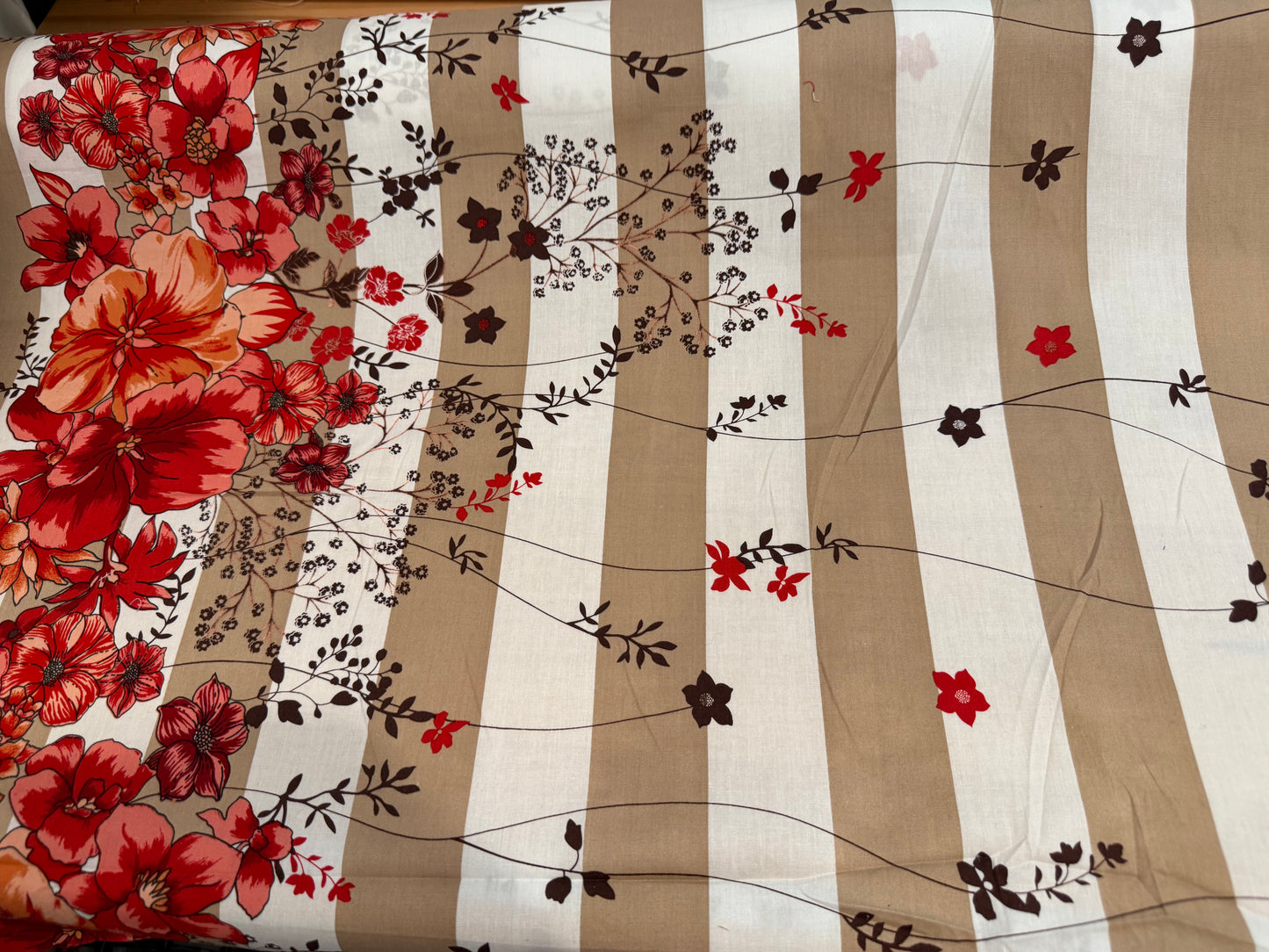 Floral Stripe Cotton Fabric – 54+ Inches Wide – Red, Coral & Taupe Botanical Print