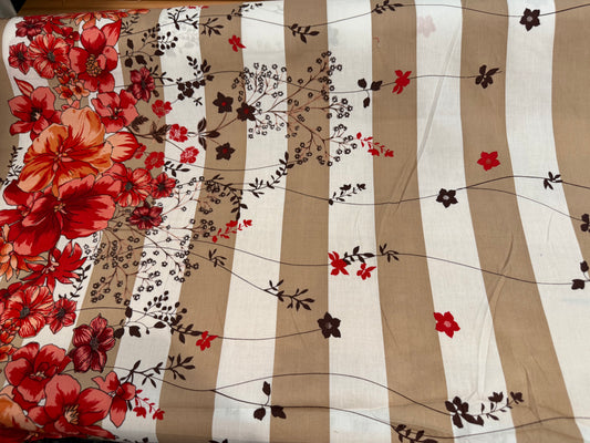Floral Stripe Cotton Fabric – 54+ Inches Wide – Red, Coral & Taupe Botanical Print