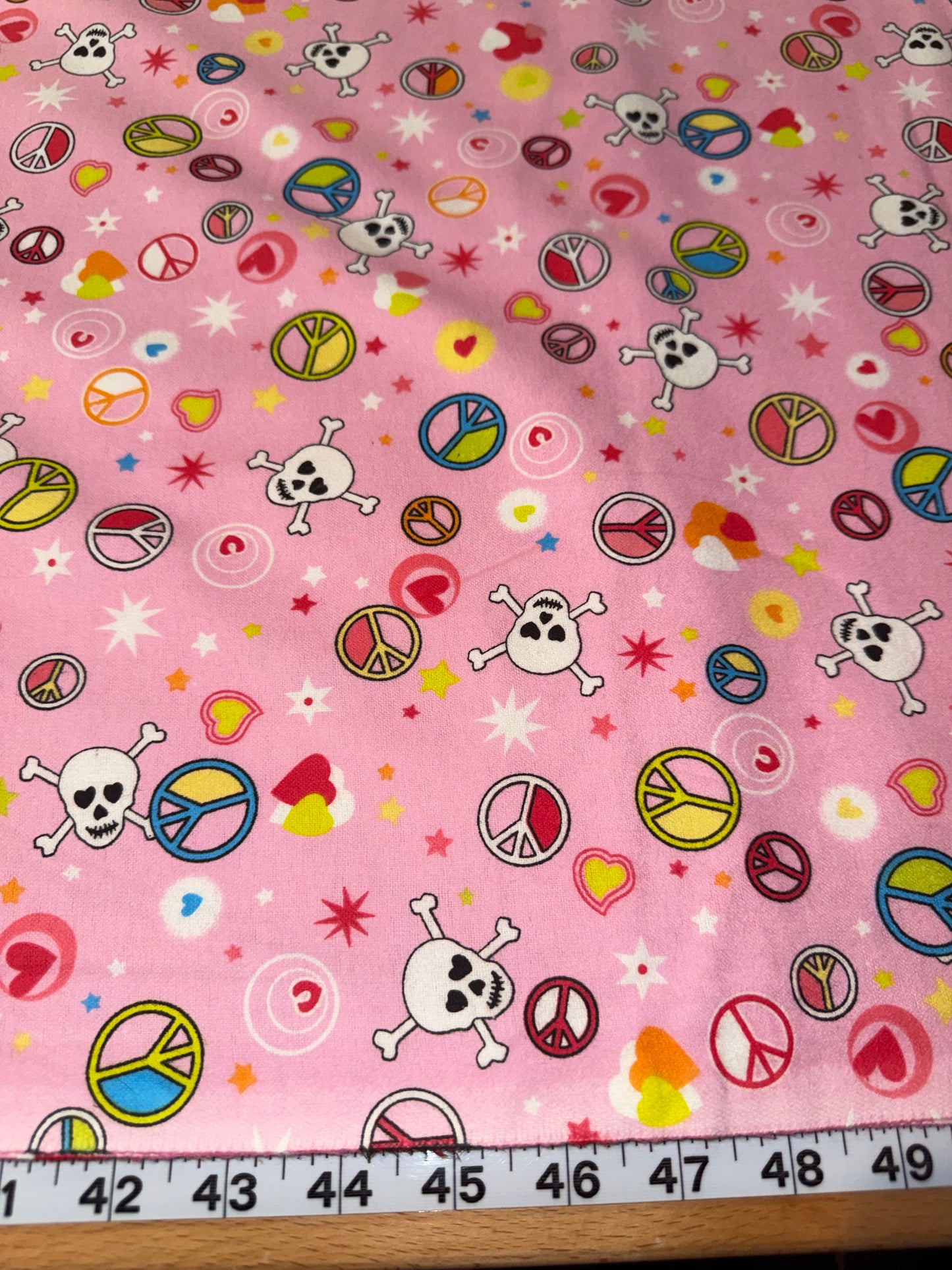 Pink Peace Signs & Skull Crossbones Cotton Flannel Fabric – Hearts & Stars – 43" Wide – Retro Emo Print