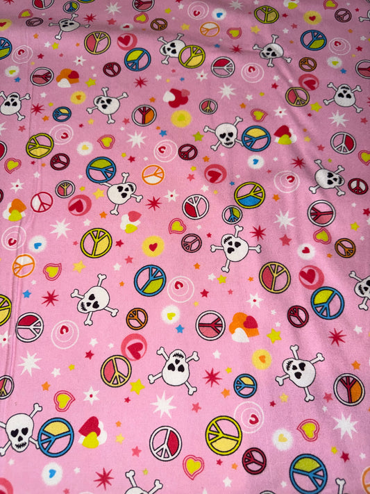 Pink Peace Signs & Skull Crossbones Cotton Flannel Fabric – Hearts & Stars – 43" Wide – Retro Emo Print