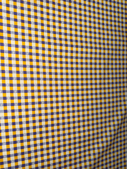Purple & Gold Gingham Check Quilting Cotton Fabric – Fleur-de-Lis Accent – 44/45" Wide