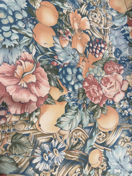 Vintage Fruit & Floral Cotton Fabric – Blue Grapes, Peaches & Roses | 56+ Inches Wide