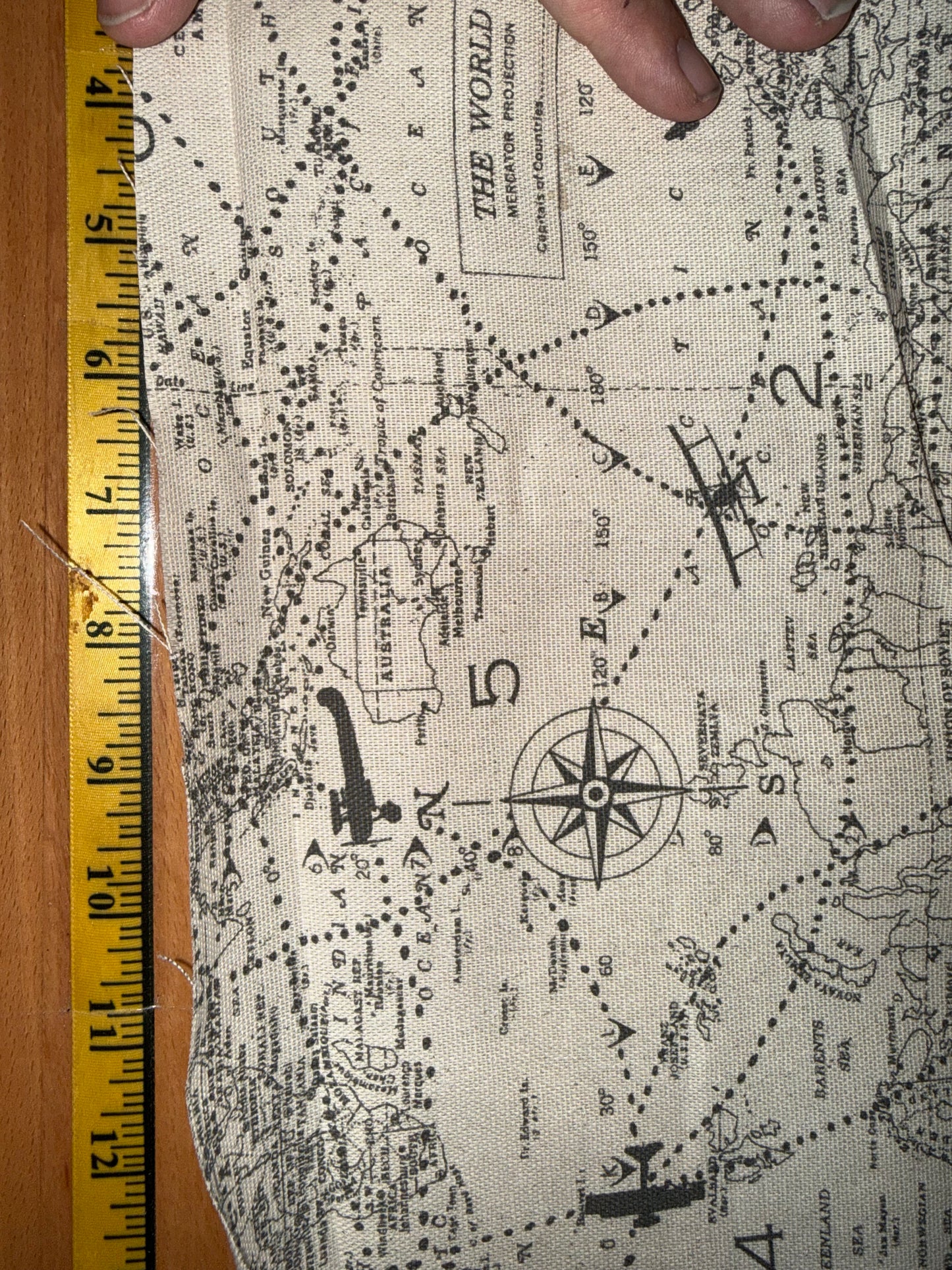Vintage World Map Canvas Fabric – Airplanes & Compass Print – Approx. 50" Wide Cotton Canvas by the Yard