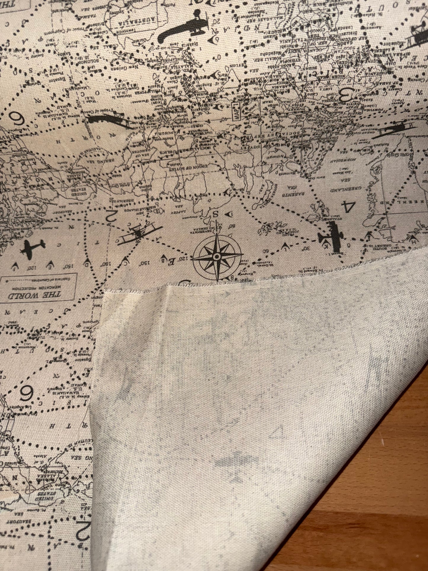 Vintage World Map Canvas Fabric – Airplanes & Compass Print – Approx. 50" Wide Cotton Canvas by the Yard