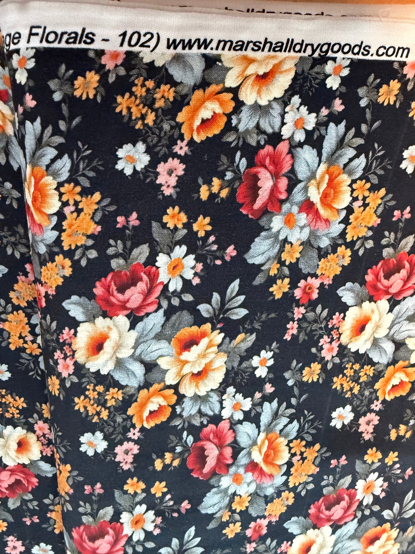 Marshall Dry Goods Vintage Florals #102 – Black Floral Quilting Cotton | 44/45" Wide