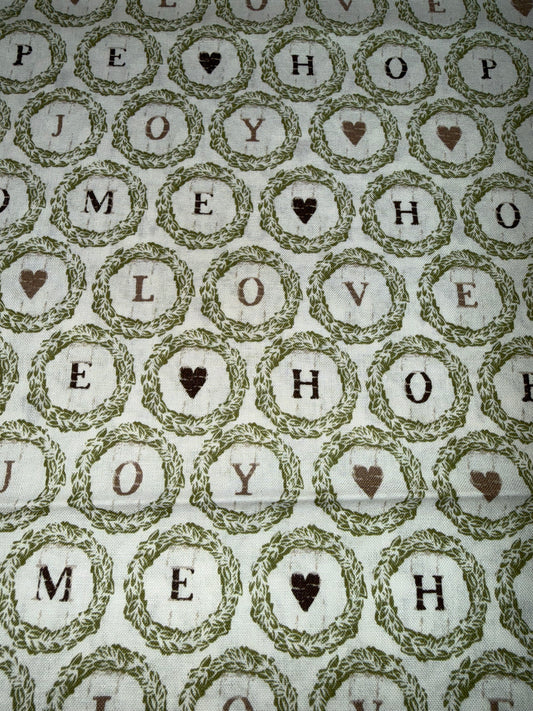 Emma & Mila Love Hope Joy Home Wreath Quilting Cotton Fabric – Farmhouse Word Print – 44/45" Wide