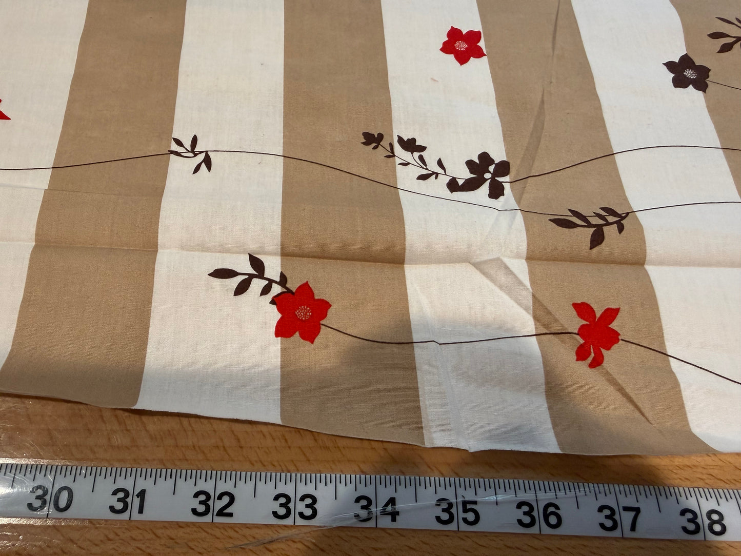 Floral Stripe Cotton Fabric – 54+ Inches Wide – Red, Coral & Taupe Botanical Print