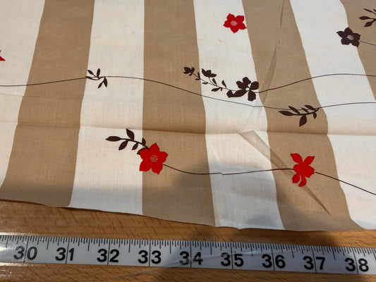 Floral Stripe Cotton Fabric – 54+ Inches Wide – Red, Coral & Taupe Botanical Print
