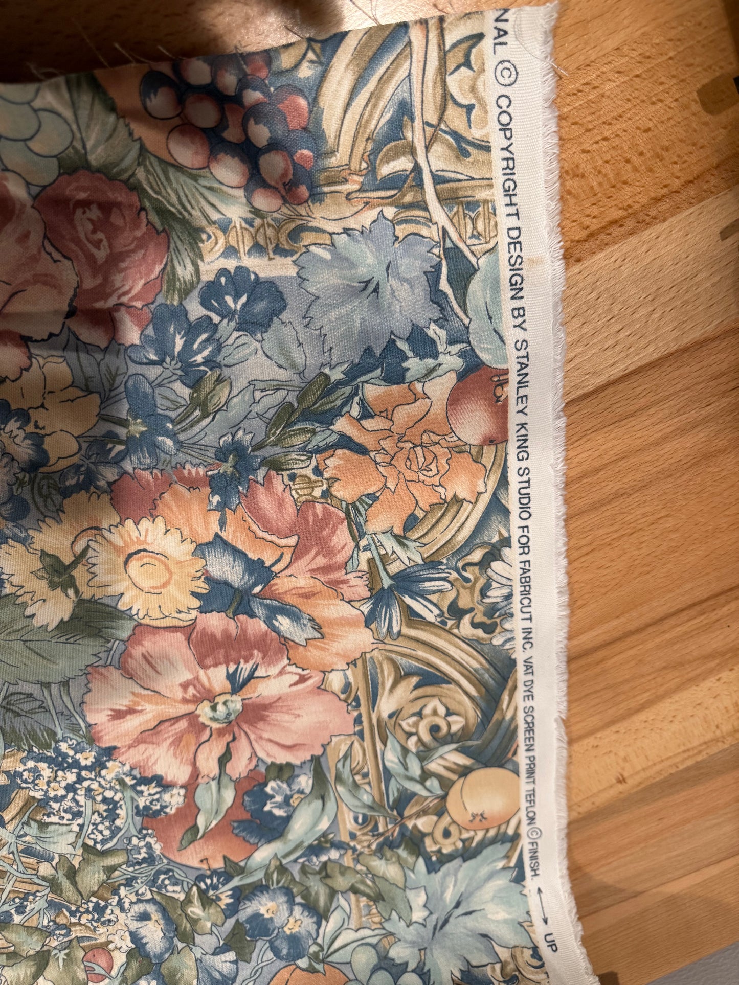 Vintage Fruit & Floral Cotton Fabric – Blue Grapes, Peaches & Roses | 56+ Inches Wide