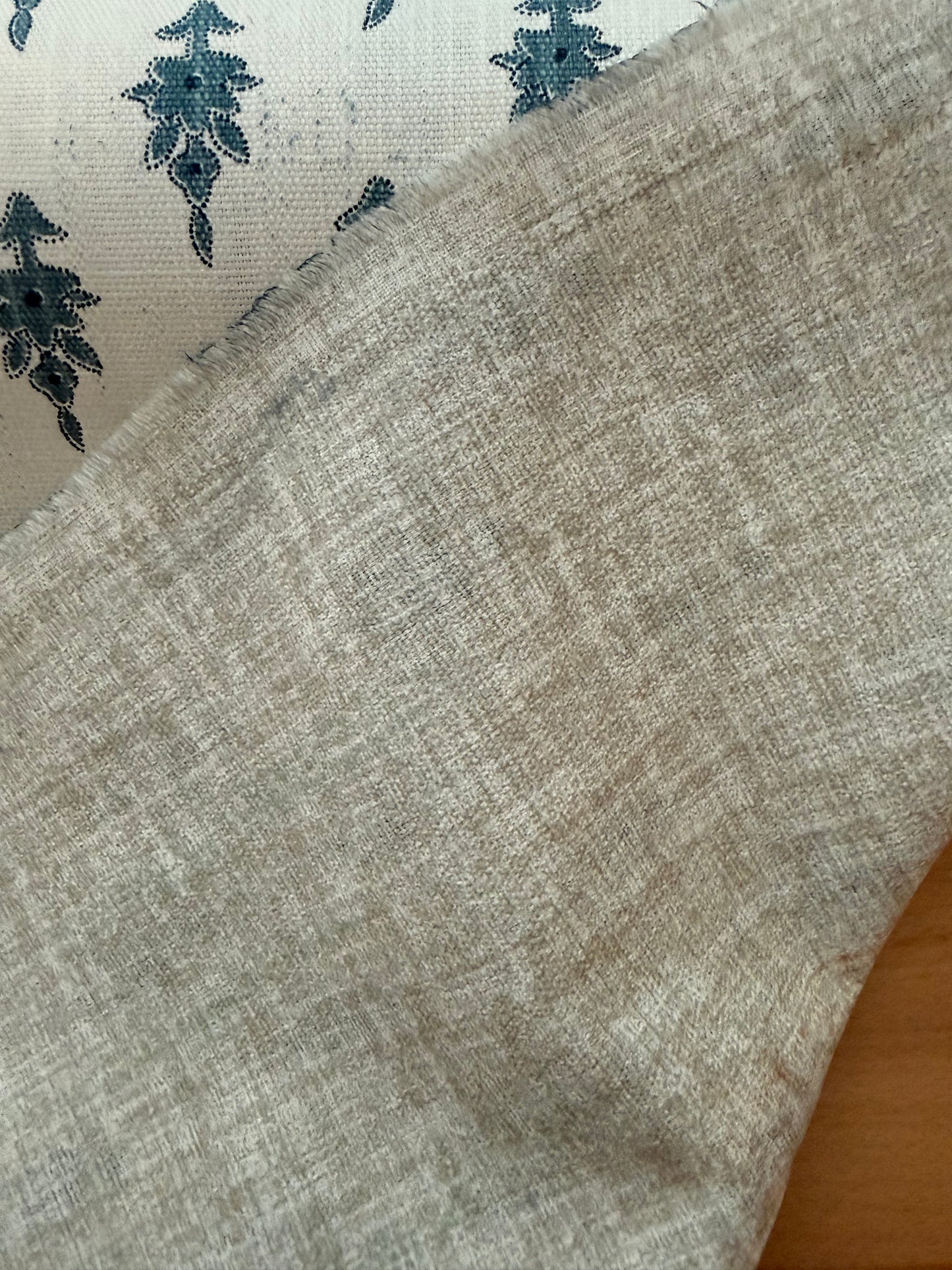 Reversible Heavyweight Cotton Canvas Fabric – Vintage Blue Floral & Natural Linen Look | 56+ Inch Wide | Double-Sided Designer Canvas