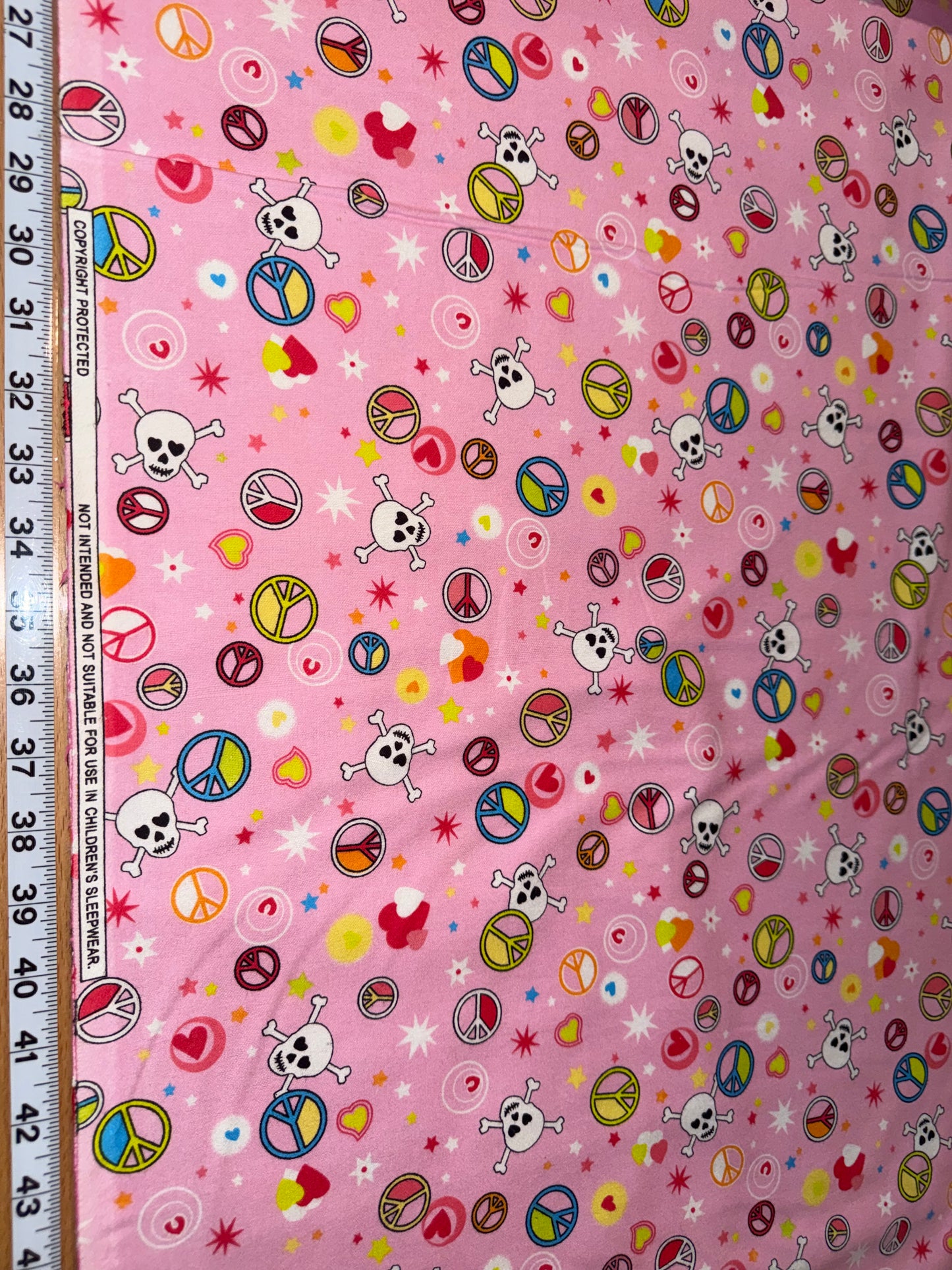 Pink Peace Signs & Skull Crossbones Cotton Flannel Fabric – Hearts & Stars – 43" Wide – Retro Emo Print