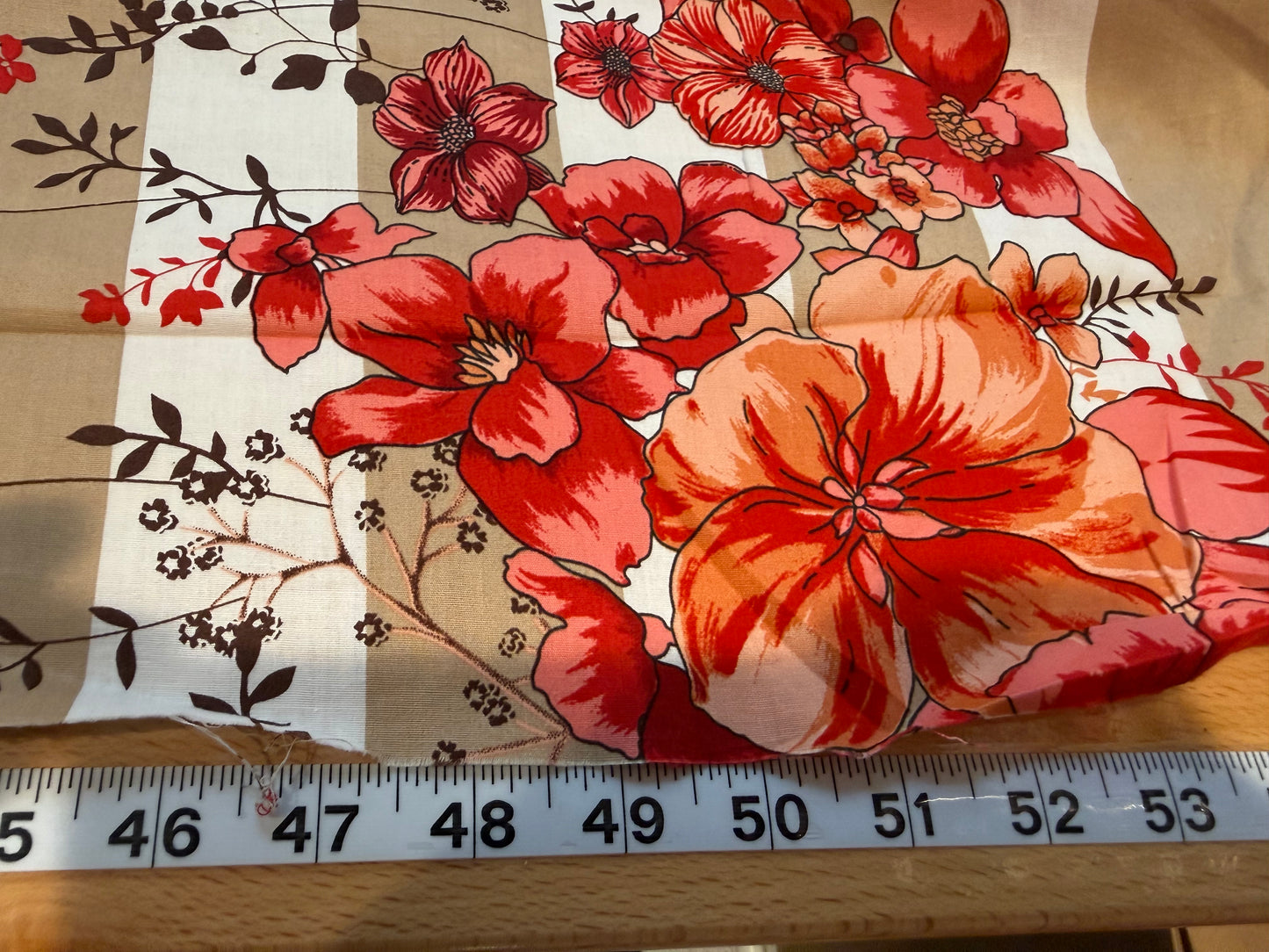 Floral Stripe Cotton Fabric – 54+ Inches Wide – Red, Coral & Taupe Botanical Print