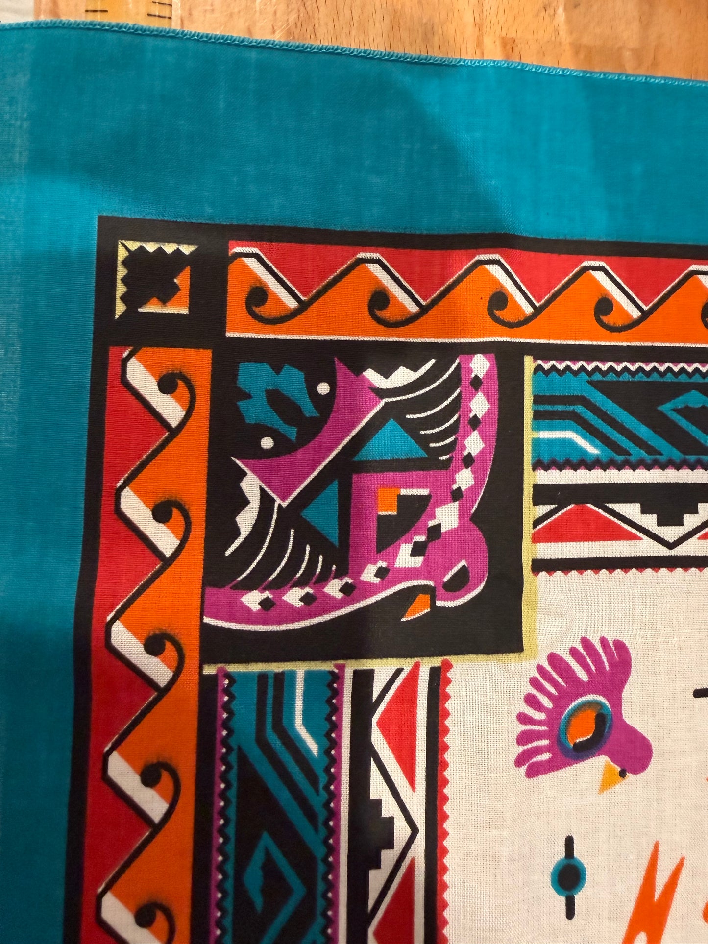 Vintage Southwestern Bird Bandanna – Turquoise, Orange & Purple – 21" Square – USA Made