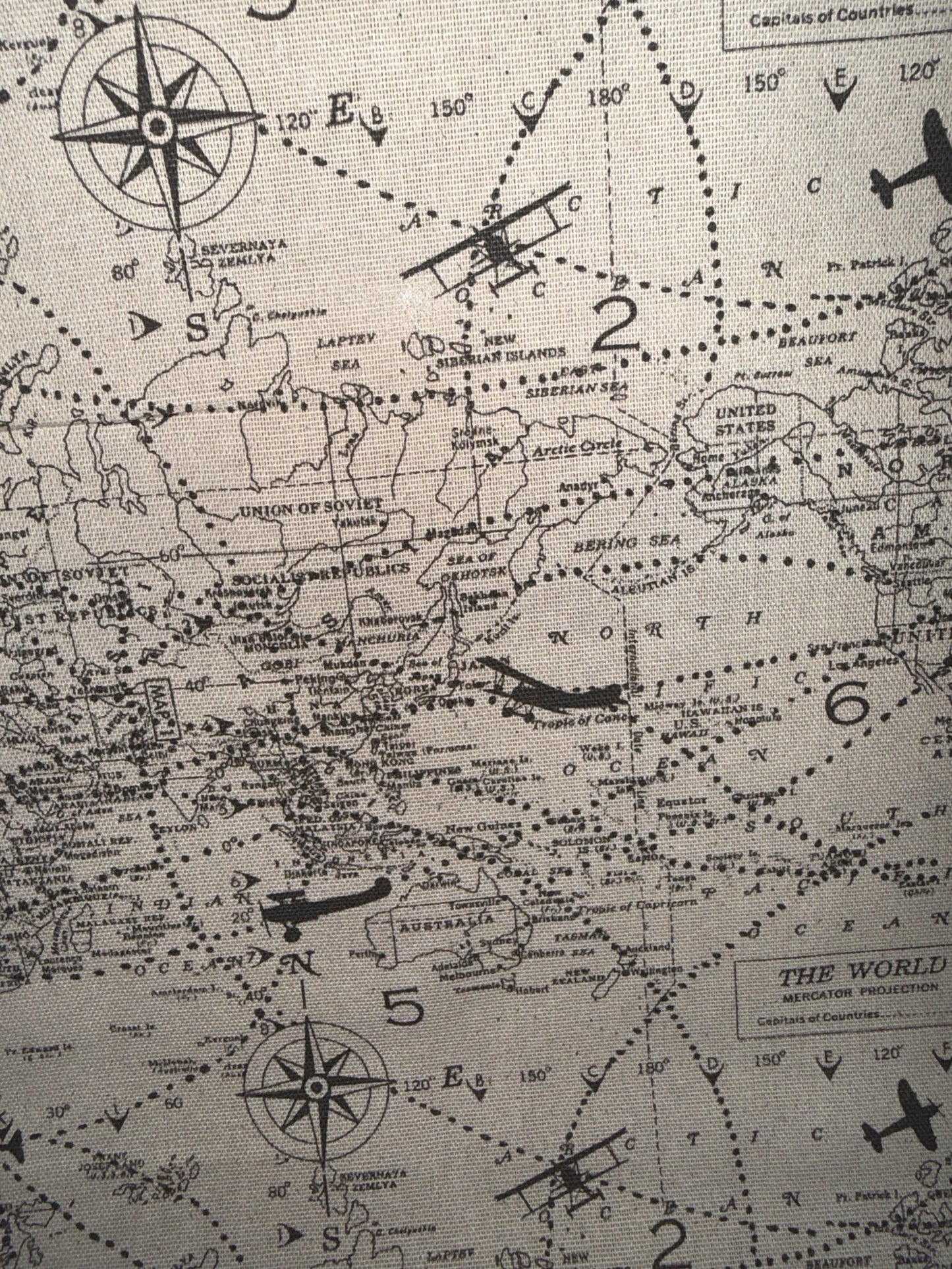 Vintage World Map Canvas Fabric – Airplanes & Compass Print – Approx. 50" Wide Cotton Canvas by the Yard