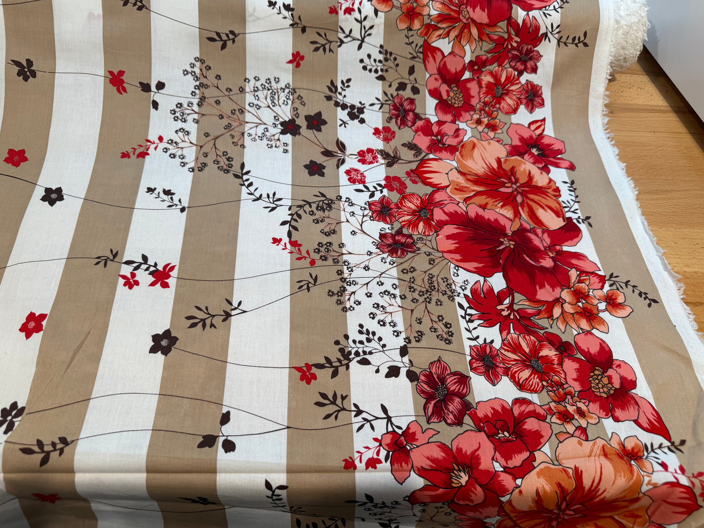 Floral Stripe Cotton Fabric – 54+ Inches Wide – Red, Coral & Taupe Botanical Print
