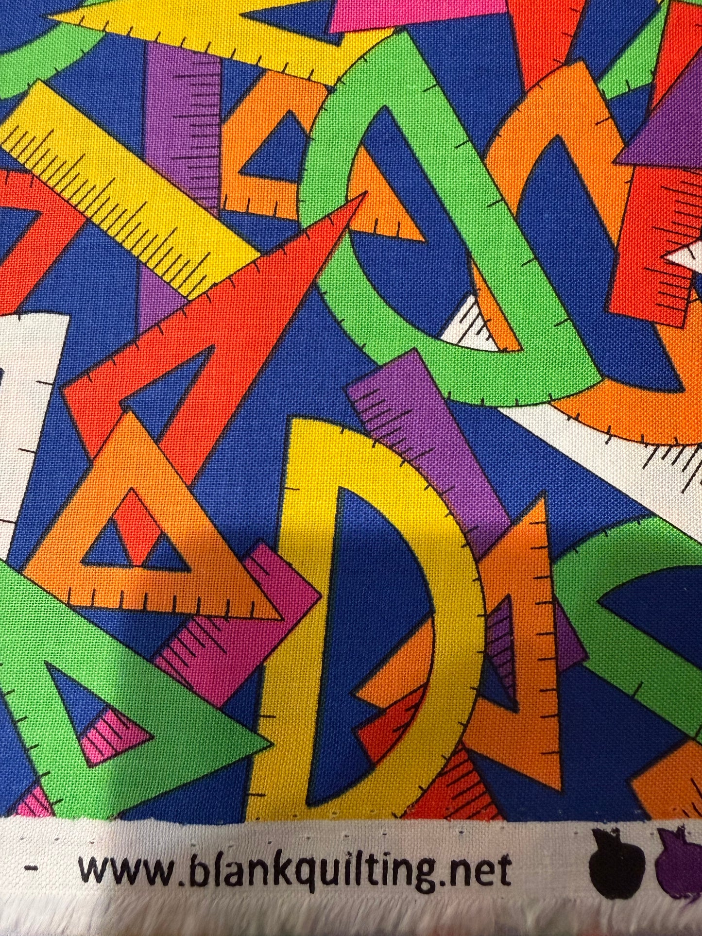 Blank Quilting "Geometry Tools" Quilt Cotton Fabric – 44/45" Wide – Colorful Rulers & Protractors on Blue