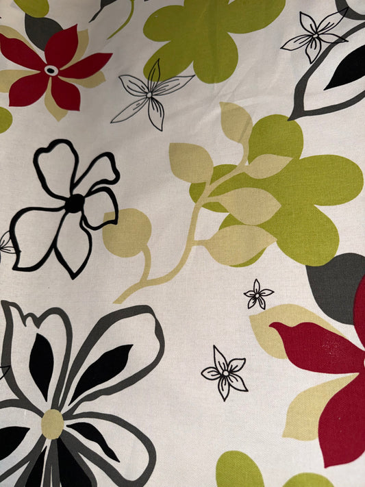 Modern Floral Cotton Canvas Fabric – White, Red, Green & Black Retro Print – 60+ Inch Wide Home Décor Upholstery Fabric ~ by the Yard