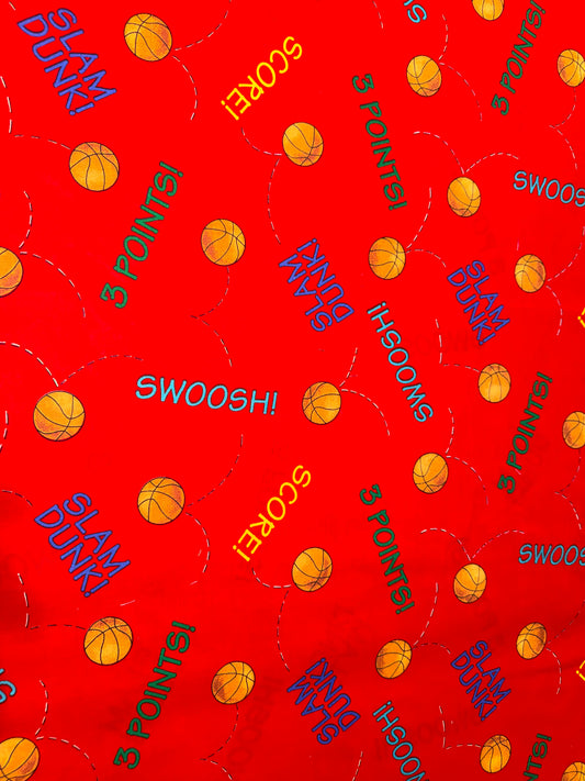 Basketball Words Novelty Quilting Cotton Fabric – Slam Dunk, Swoosh & Score! – 44/45" Wide
