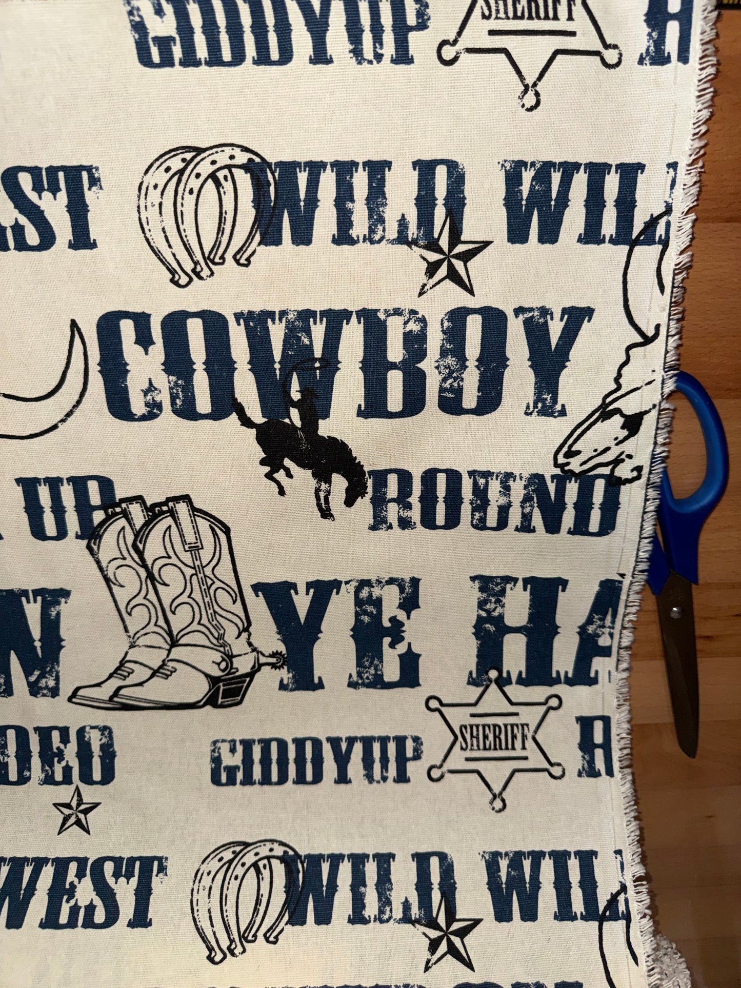 Western Cowboy Cotton Canvas Fabric 60"+ Wide – Wild West Rodeo Boots & Longhorn Print – Heavyweight Upholstery