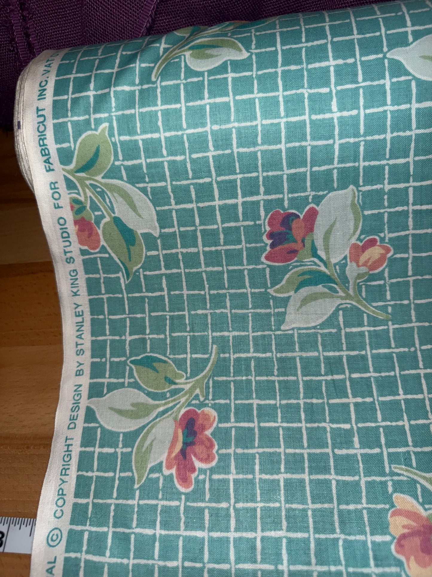 Vintage Stanley King Studio Floral Apparel Cotton Fabric – Aqua Lattice Print – 54+ Inches Wide