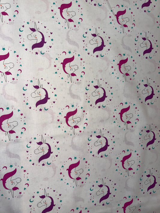 Unicorn Cameo Quilting Cotton Fabric – White with Purple Unicorns, Stars & Moons – 44/45" Wide | Emma & Mila