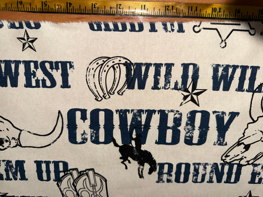 Western Cowboy Cotton Canvas Fabric 60"+ Wide – Wild West Rodeo Boots & Longhorn Print – Heavyweight Upholstery ~ Blue
