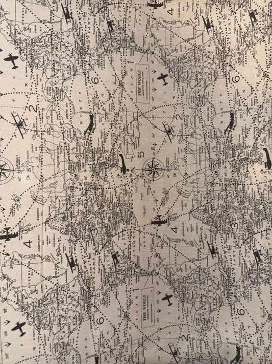 Vintage World Map Canvas Fabric – Airplanes & Compass Print – Approx. 50" Wide Cotton Canvas by the Yard ~ Factory Seconds