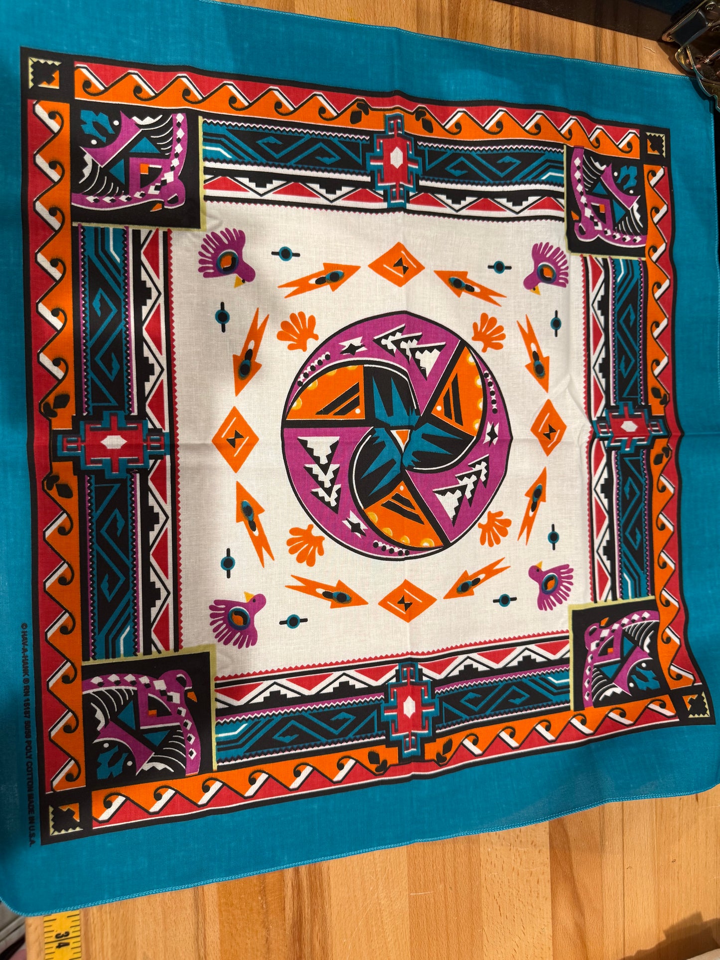 Vintage Southwestern Bird Bandanna – Turquoise, Orange & Purple – 21" Square – USA Made