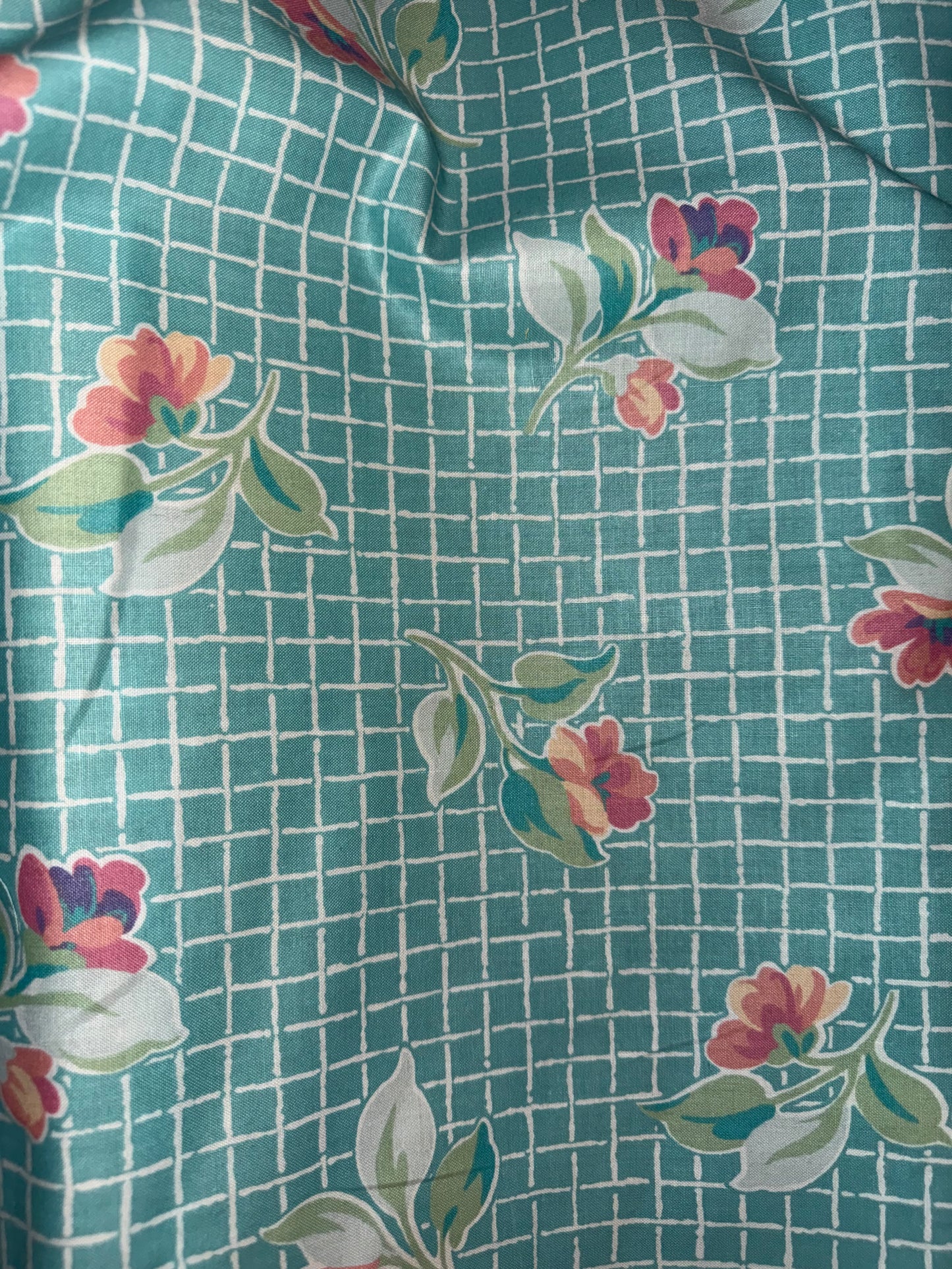 Vintage Stanley King Studio Floral Apparel Cotton Fabric – Aqua Lattice Print – 54+ Inches Wide