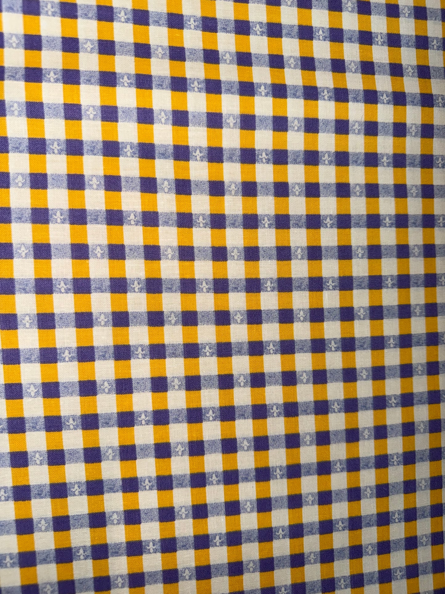 Purple & Gold Gingham Check Quilting Cotton Fabric – Fleur-de-Lis Accent – 44/45" Wide