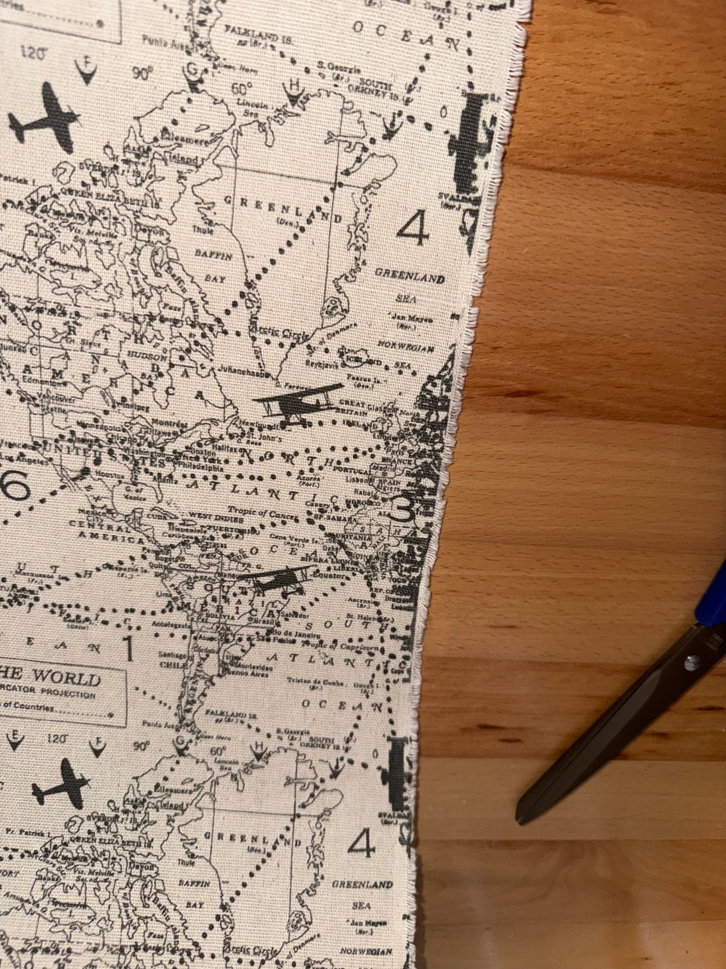 Vintage World Map Canvas Fabric – Airplanes & Compass Print – Approx. 50" Wide Cotton Canvas by the Yard