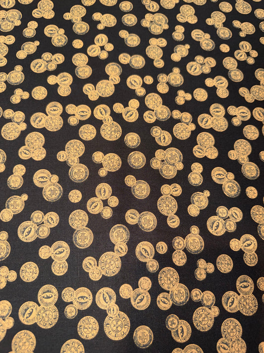 Gallery Fabrics Vintage Sewing Buttons Quilting Cotton Fabric – Bronze Button Toss on Black – 44/45" Wide