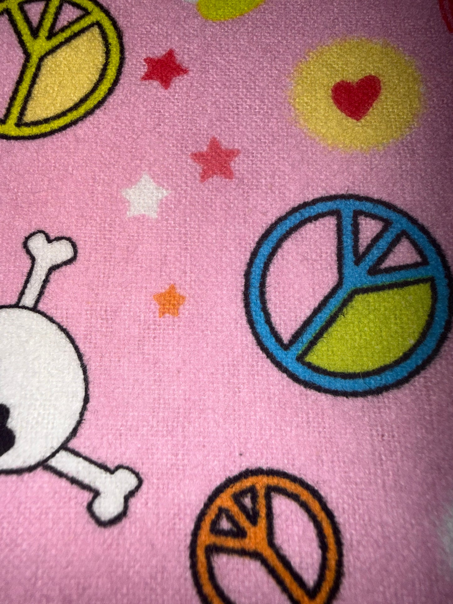 Pink Peace Signs & Skull Crossbones Cotton Flannel Fabric – Hearts & Stars – 43" Wide – Retro Emo Print