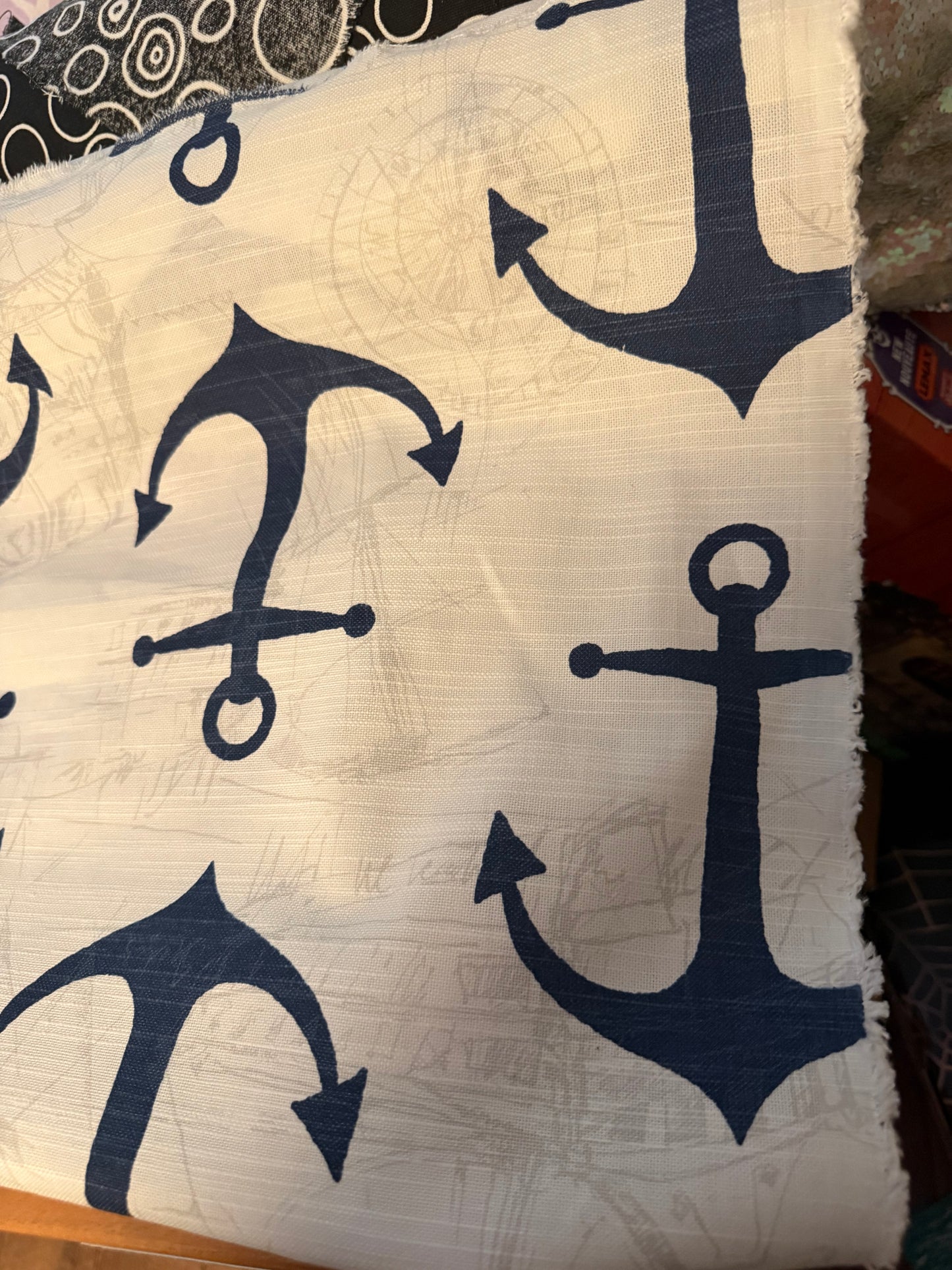 Nautical Anchor Cotton Canvas Fabric 54"+ Wide – Navy Anchors on Vintage Maritime Background