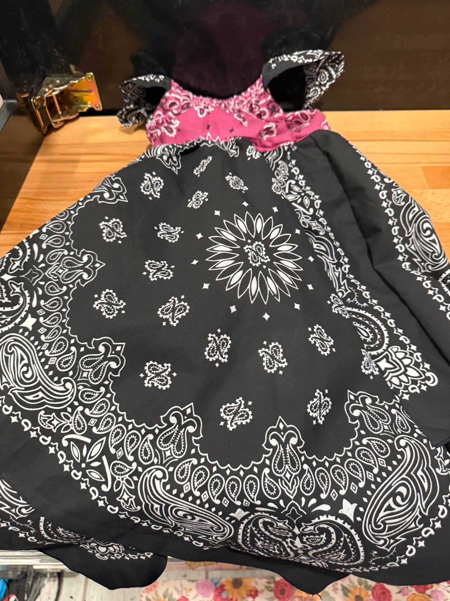 Girls Bandana Dress | Handmade Pink & Black Western Cowgirl Bandanna Dress | Size 4–6