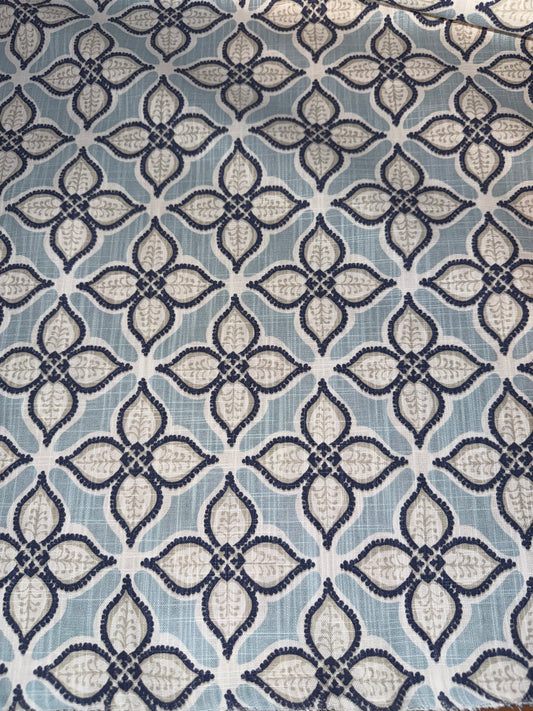 Blue & White Medallion Cotton Canvas Fabric 54"+ Wide – Farmhouse Floral Geometric Upholstery Fabric – Heavyweight Home Décor