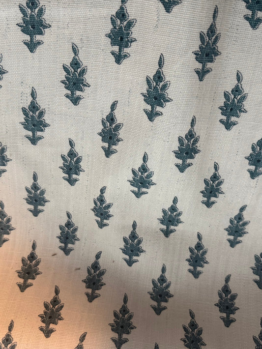 Reversible Heavyweight Cotton Canvas Fabric – Vintage Blue Floral & Natural Linen Look | 56+ Inch Wide | Double-Sided Designer Canvas