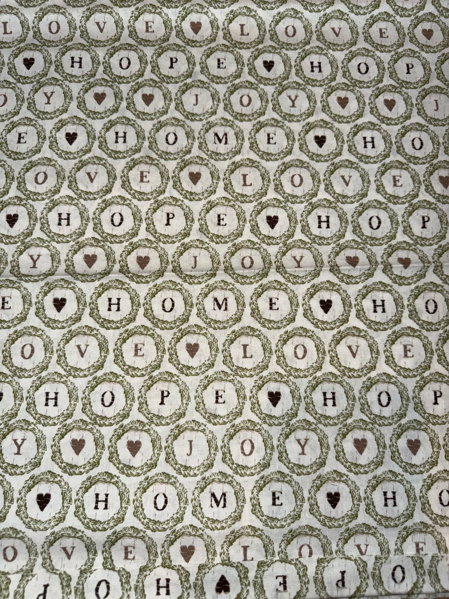 Emma & Mila Love Hope Joy Home Wreath Quilting Cotton Fabric – Farmhouse Word Print – 44/45" Wide