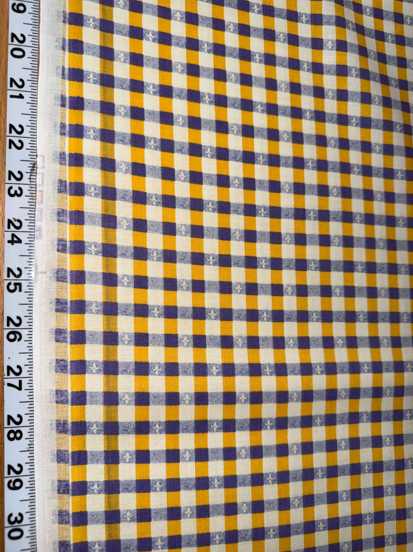 Purple & Gold Gingham Check Quilting Cotton Fabric – Fleur-de-Lis Accent – 44/45" Wide