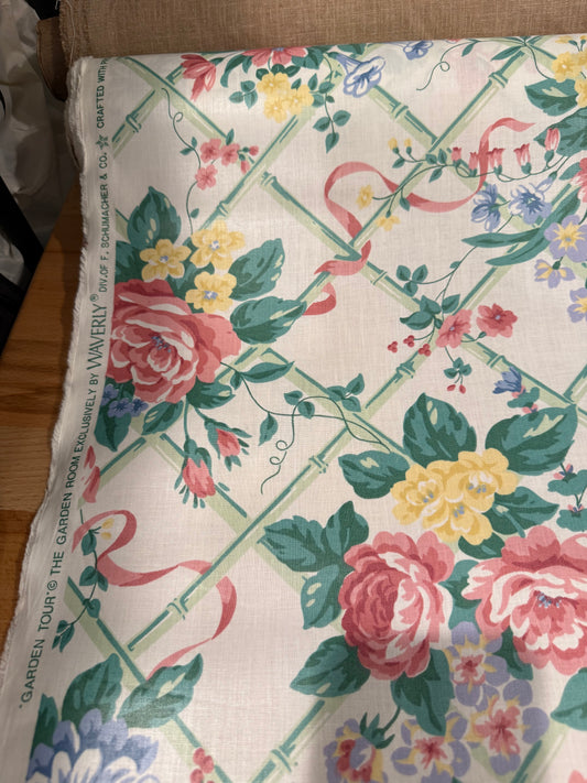 Waverly Vintage Floral Trellis Cotton Fabric – Scotchgard Finish | 54+ Inches Wide | Apparel & Home Décor